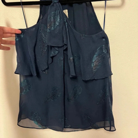EUC $325 Ramy Brook Aviana Silk Halter Blouse - Metallic Feather - Picture 3 of 7